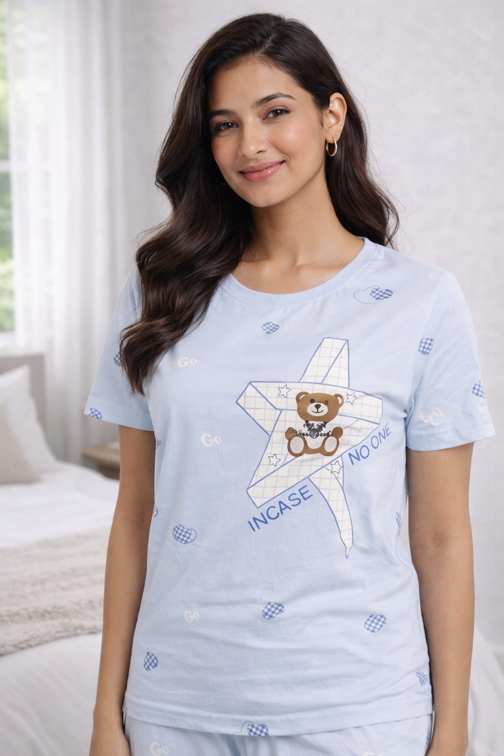 Women Viscose Pyjama Set Cute Prints Nightwear Soft Breathable Sleepwear Short Sleeve Top & Full Length Pajama Pants Lounge Set