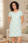 Purchase Camey Cotton Nighty Online – Comfortable Night Dress | Women's Printed Nightgown, Short Sleeve Sleep Dress, Short Length, Short Nighty, White Green