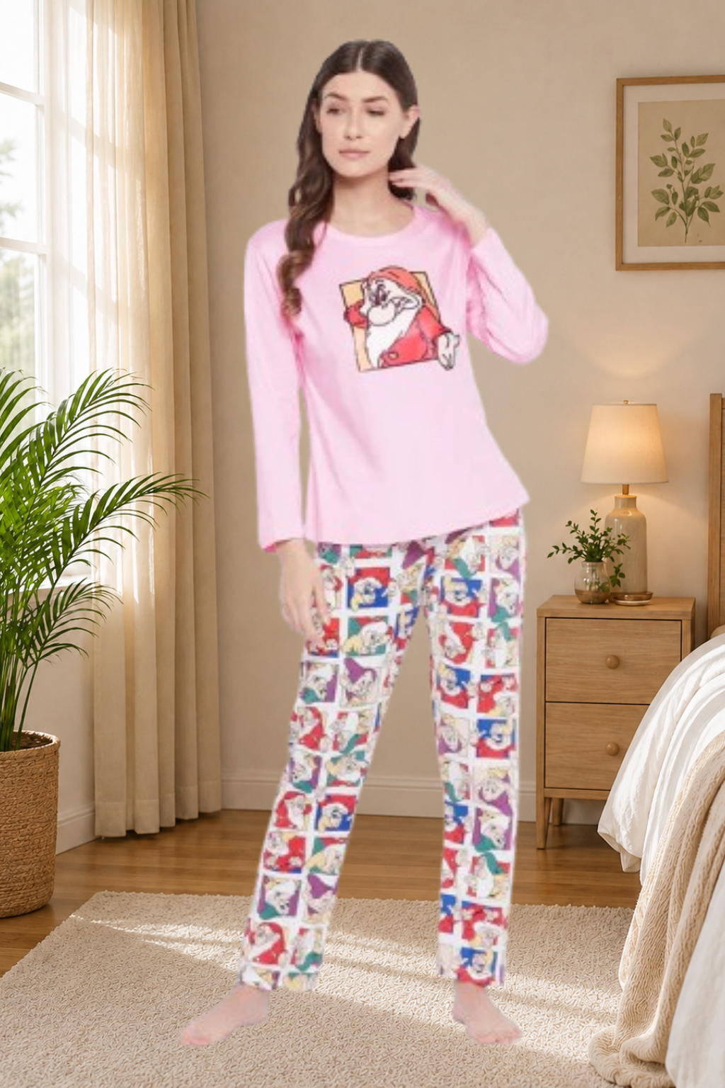 Printed Top & Pyjama Set in Baby Pink