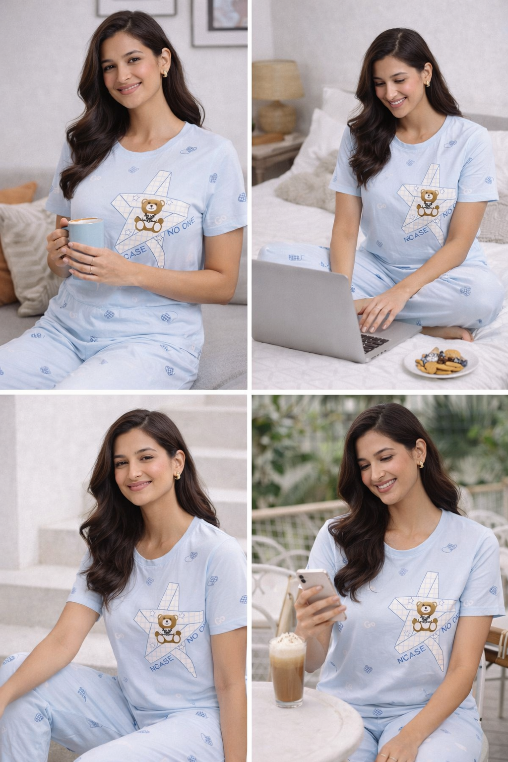 Women Viscose Pyjama Set Cute Prints Nightwear Soft Breathable Sleepwear Short Sleeve Top & Full Length Pajama Pants Lounge Set