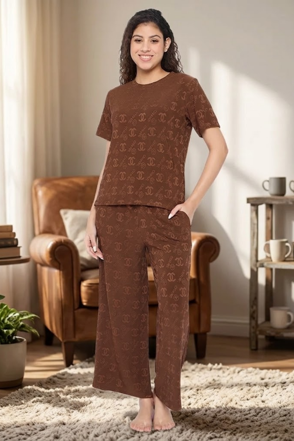 Top and Pyjama Set for Women Nightwear, Brown