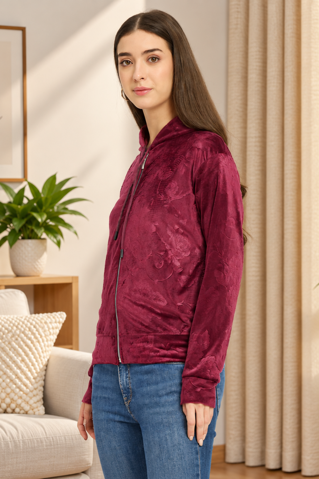 Women’s Floral Textured Zip-Up Hooded Sweatshirt