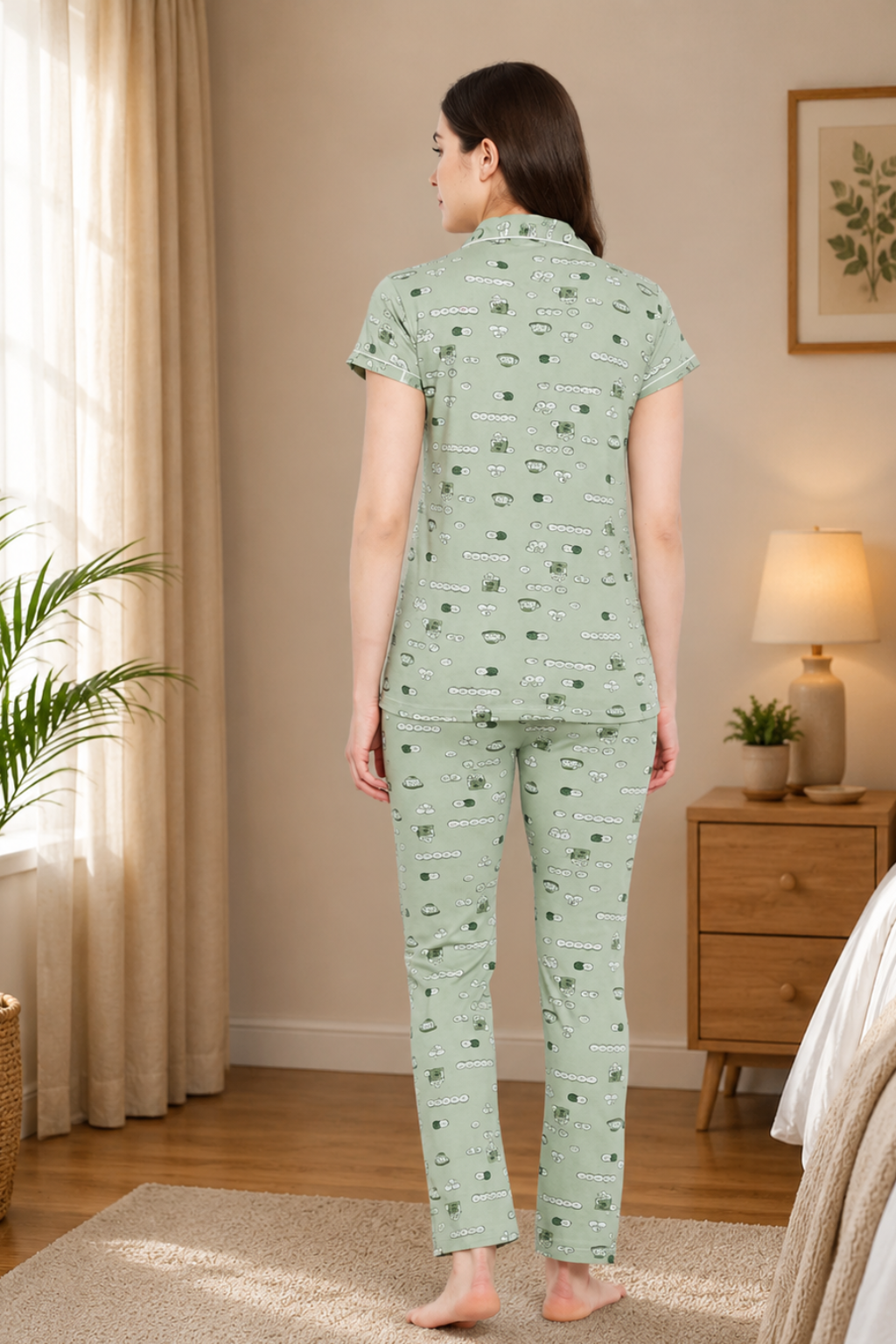 Sage Green Print Me Pretty Button Me Up Shirt & Bottom Set in Cotton