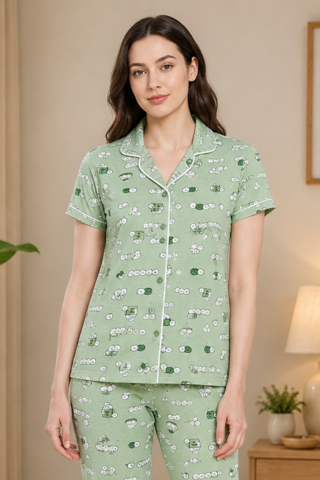 Sage Green Print Me Pretty Button Me Up Shirt & Bottom Set in Cotton