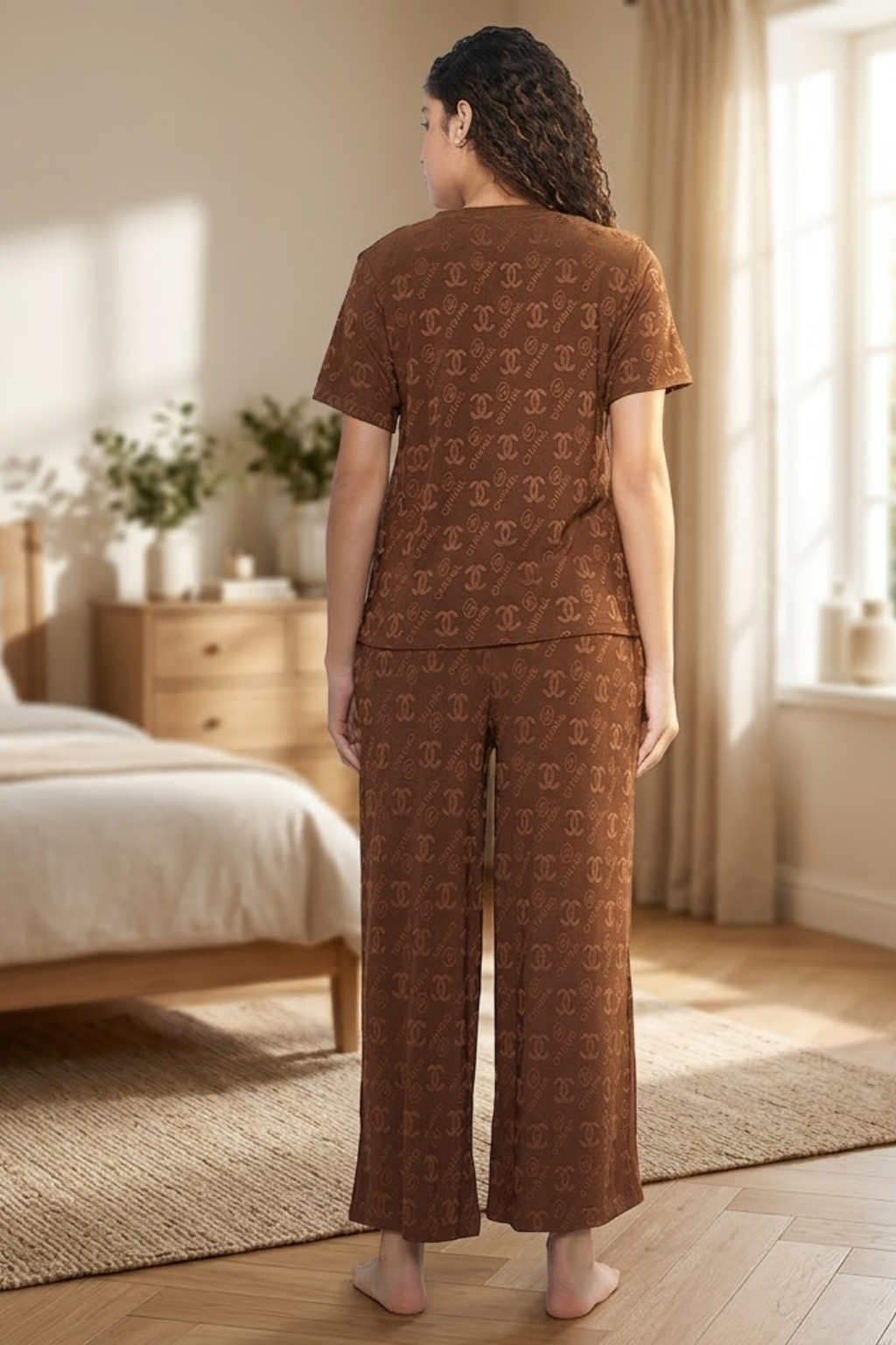 Top and Pyjama Set for Women Nightwear, Brown