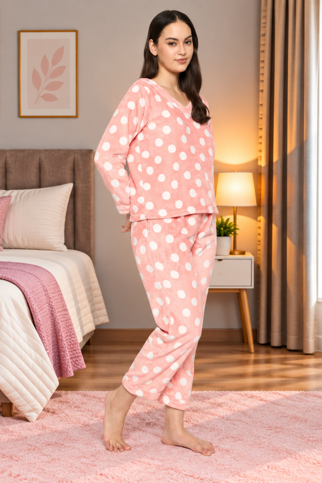 Women Printed Full Sleeve V- Neck Top and Pajama Pants with 1 side Pockets
