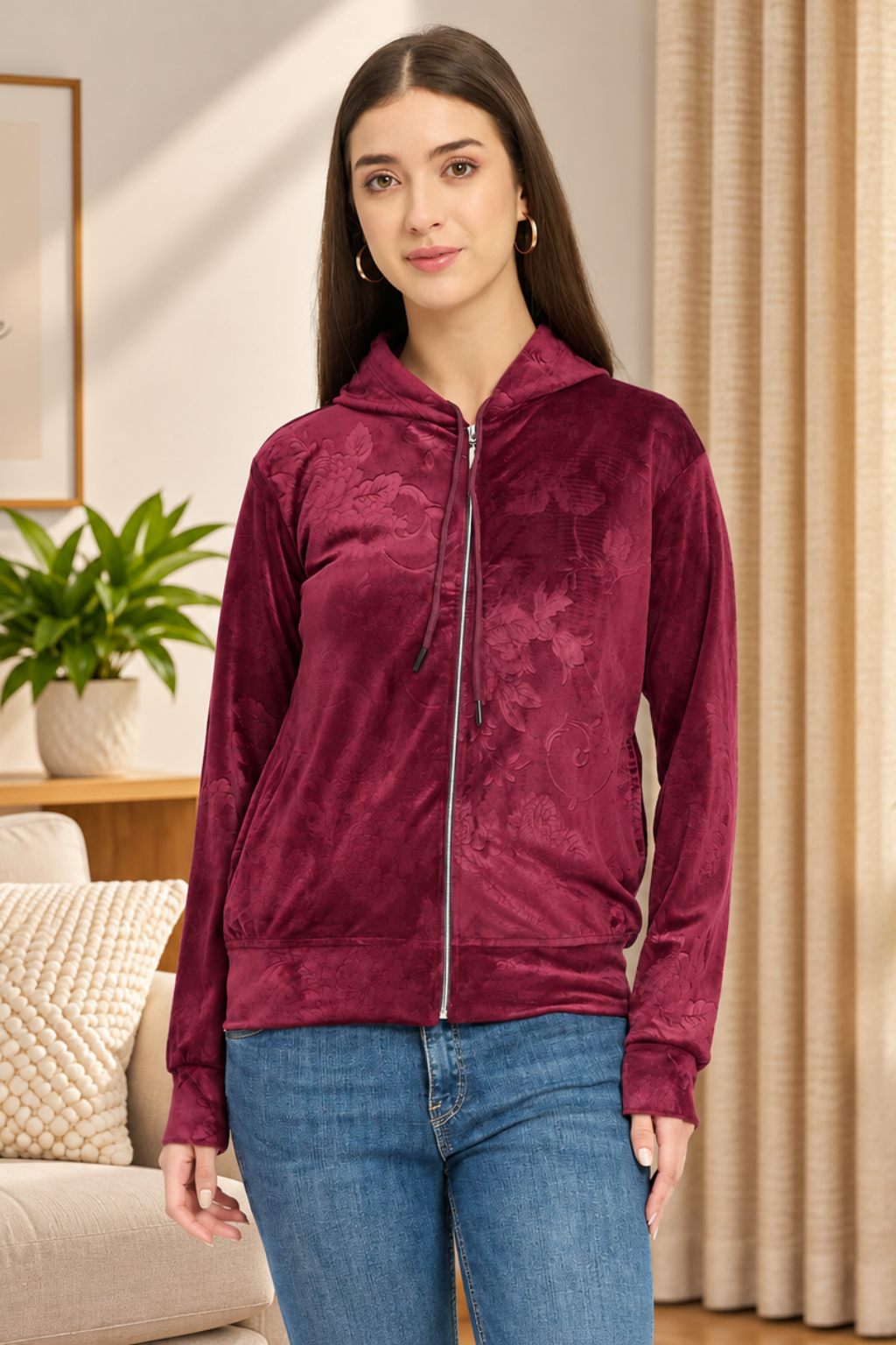 Women’s Floral Textured Zip-Up Hooded Sweatshirt