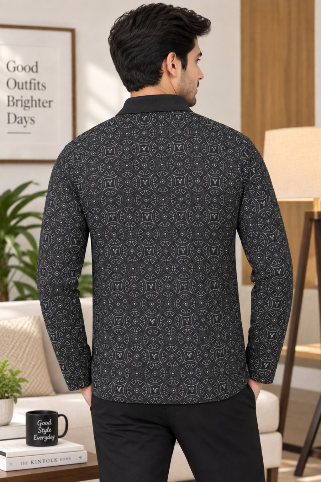 Men's Printed Full Sleeve T-Shirt For Men Polo Neck With Chest Pocket