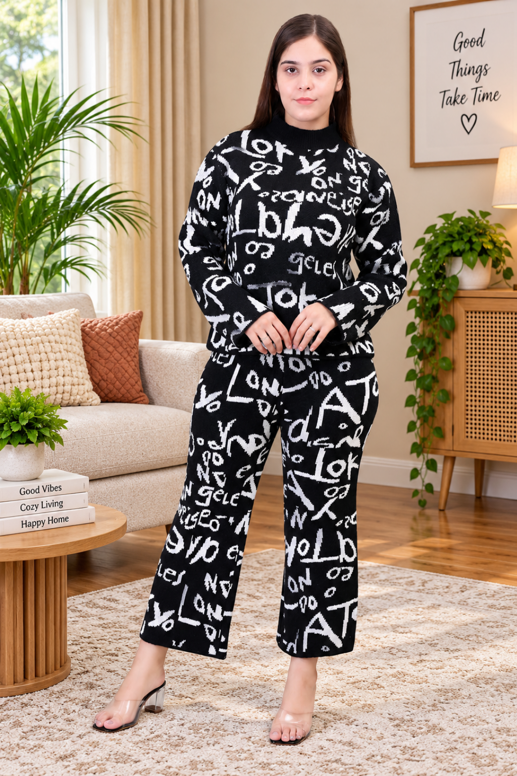 Women's Long Sleeve Round Neck woolen Black Co-Ord Set