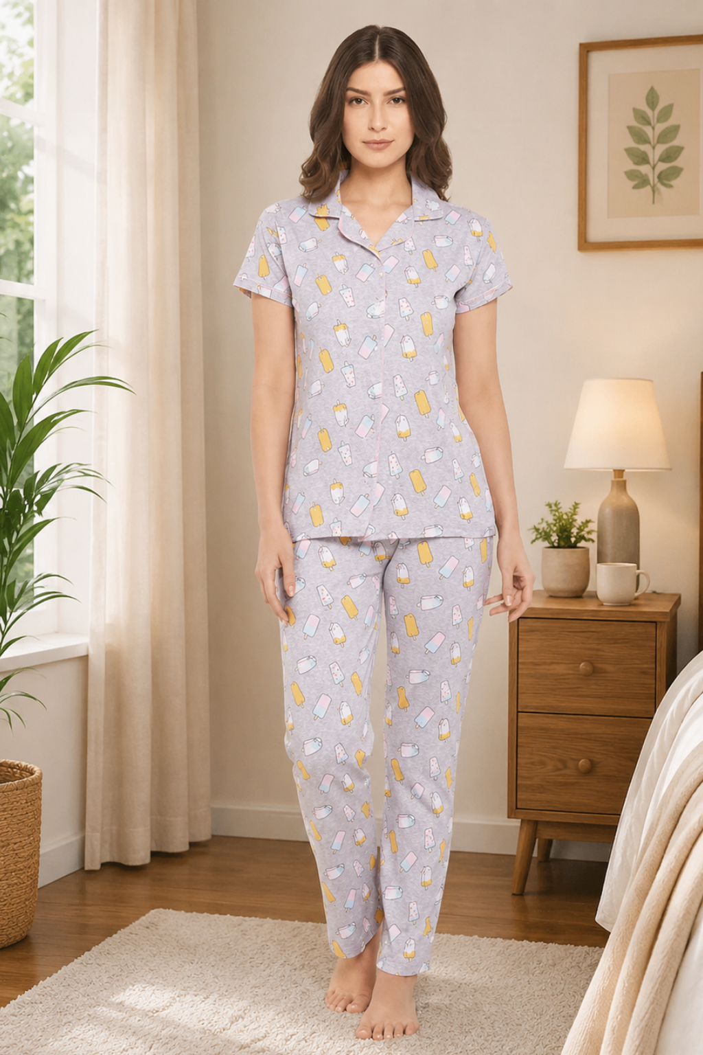 Grey Ice Cream Print Button Me Up Shirt & Pyjama Set in Cotton