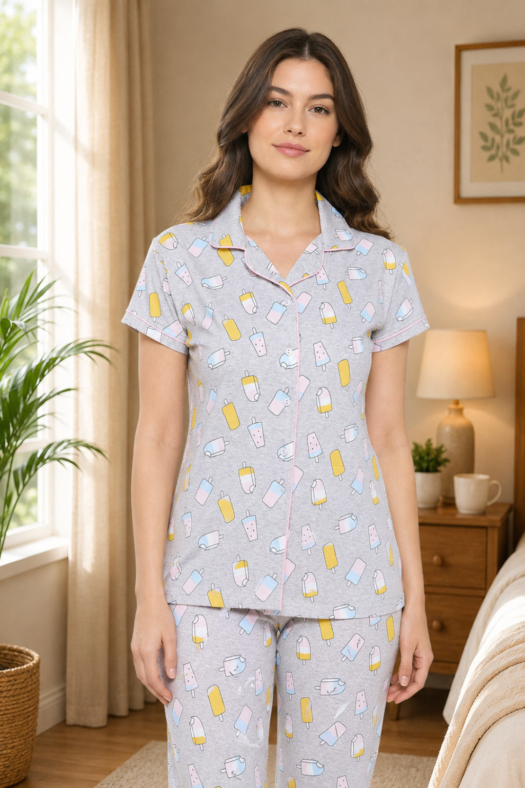 Grey Ice Cream Print Button Me Up Shirt & Pyjama Set in Cotton