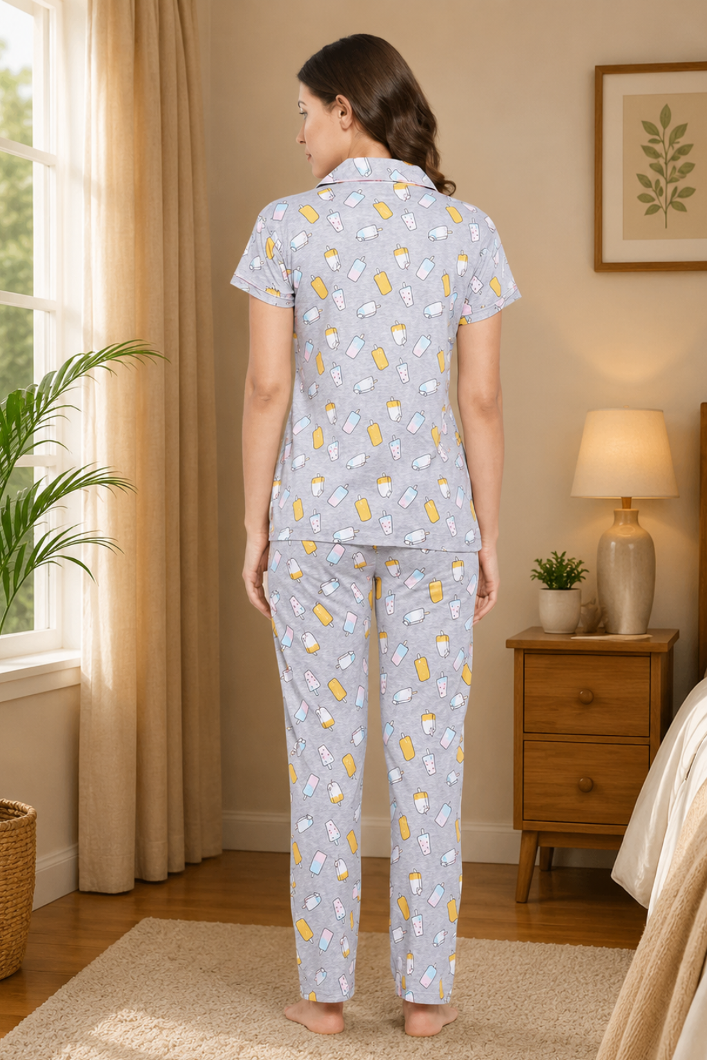 Grey Ice Cream Print Button Me Up Shirt & Pyjama Set in Cotton