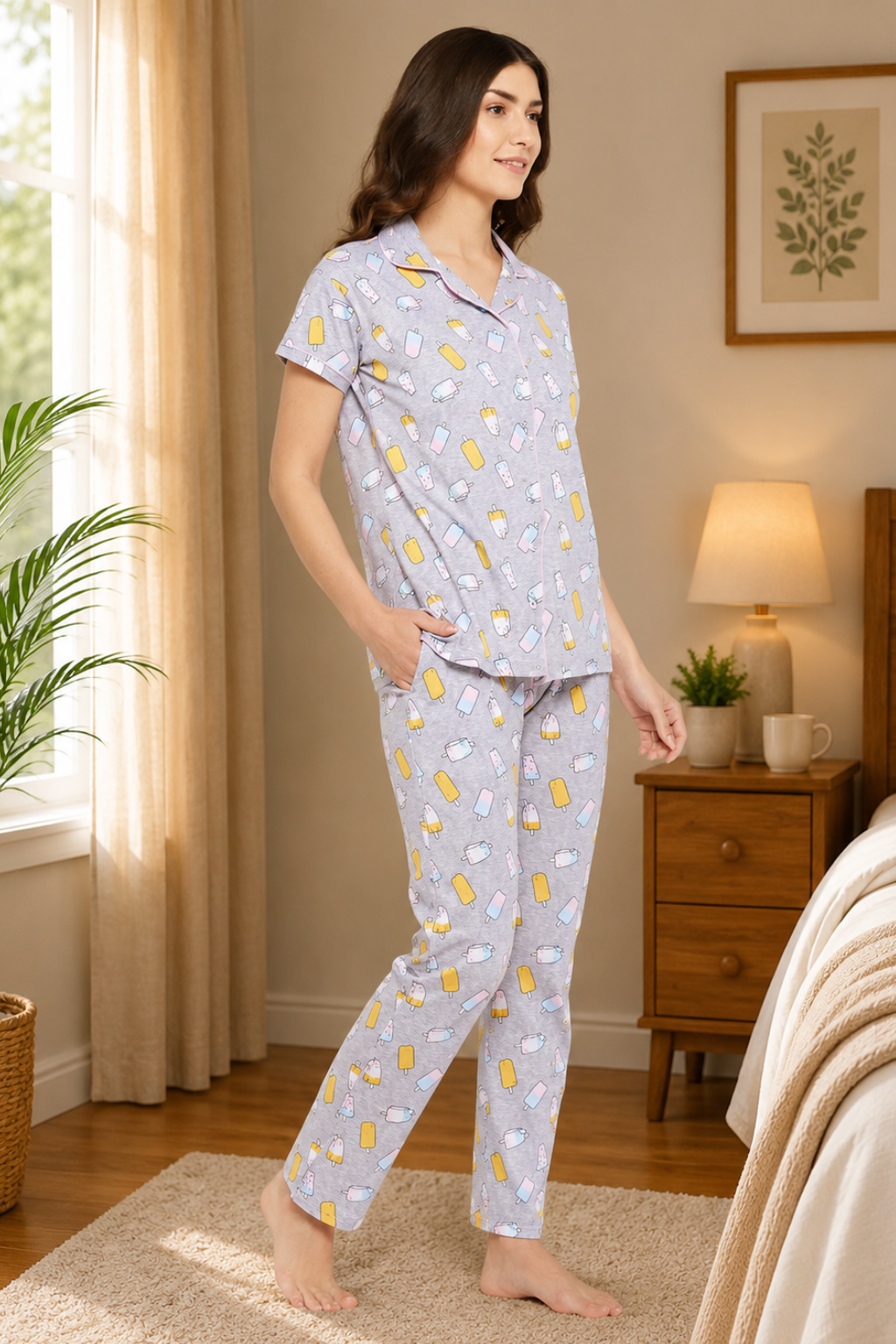Grey Ice Cream Print Button Me Up Shirt & Pyjama Set in Cotton