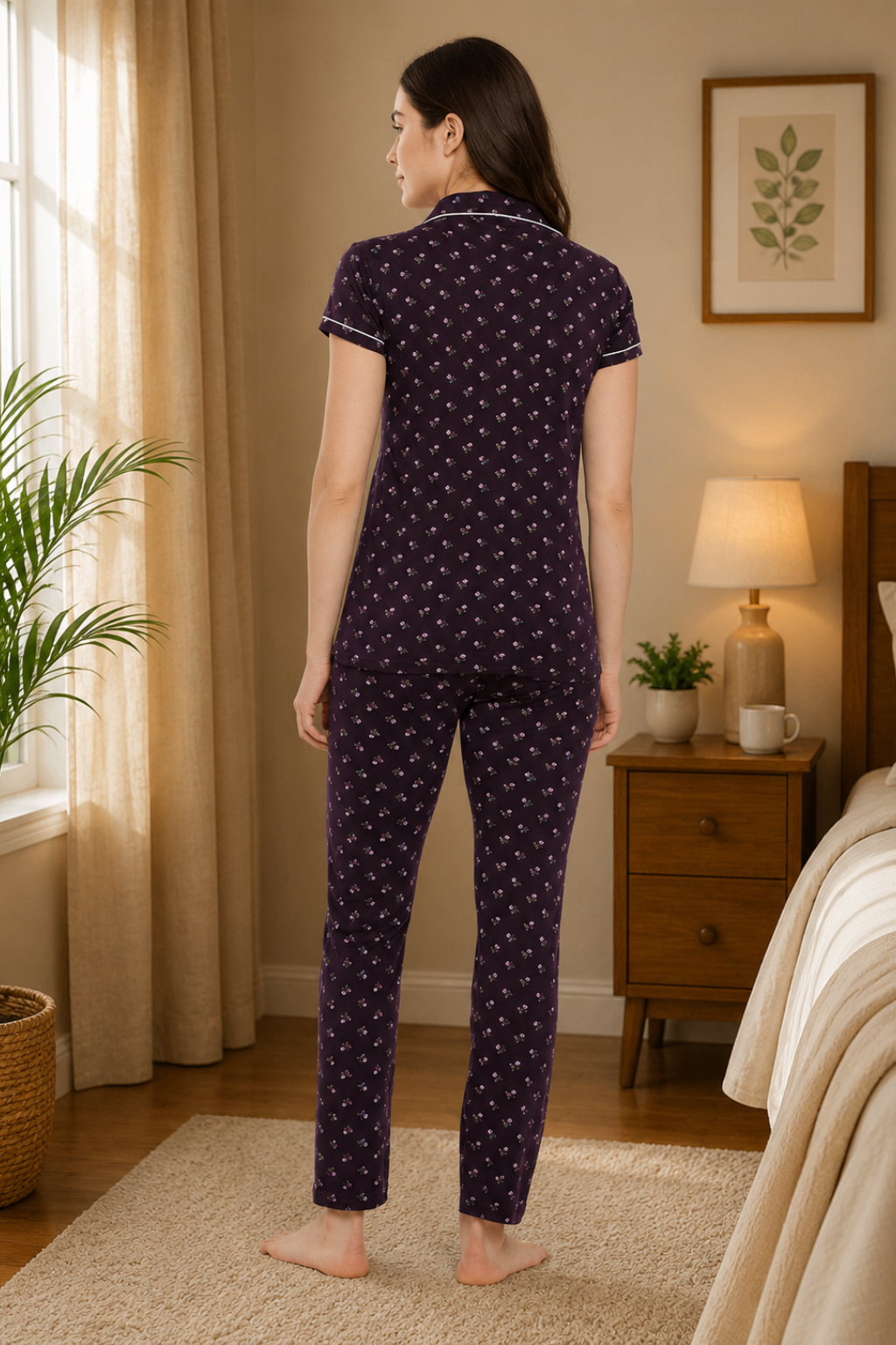 Brown Pretty Florals Button Me Up Shirt & Pyjama in Cotton