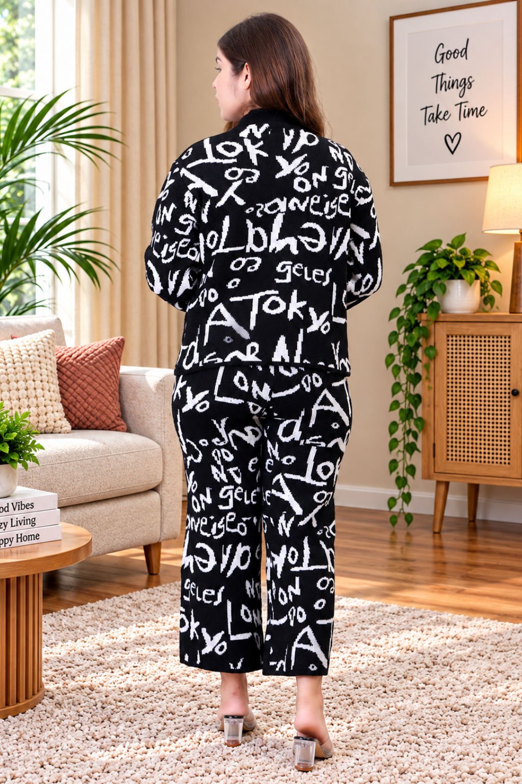 Women's Long Sleeve Round Neck woolen Black Co-Ord Set