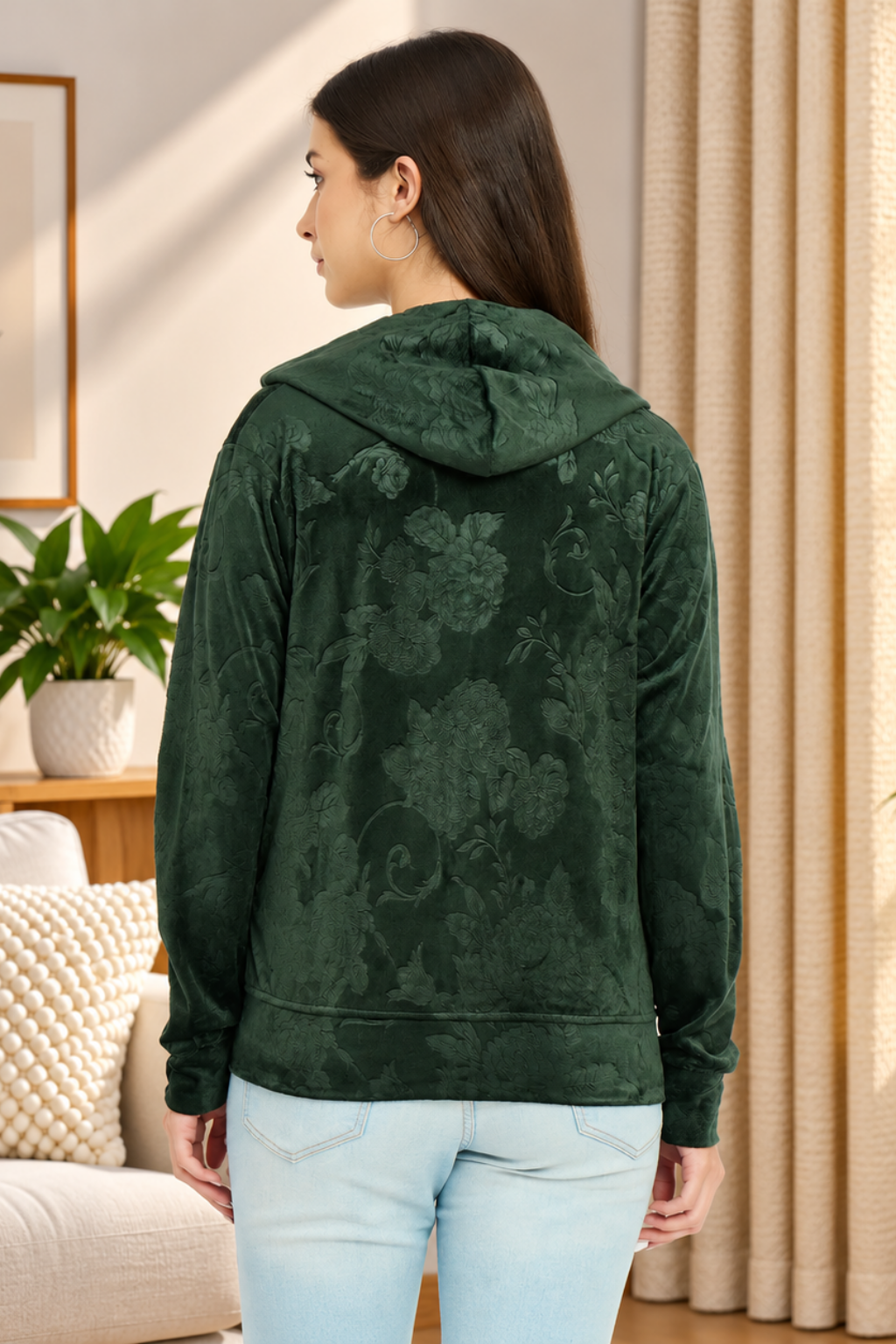 Women’s Floral Textured Zip-Up Hooded Sweatshirt