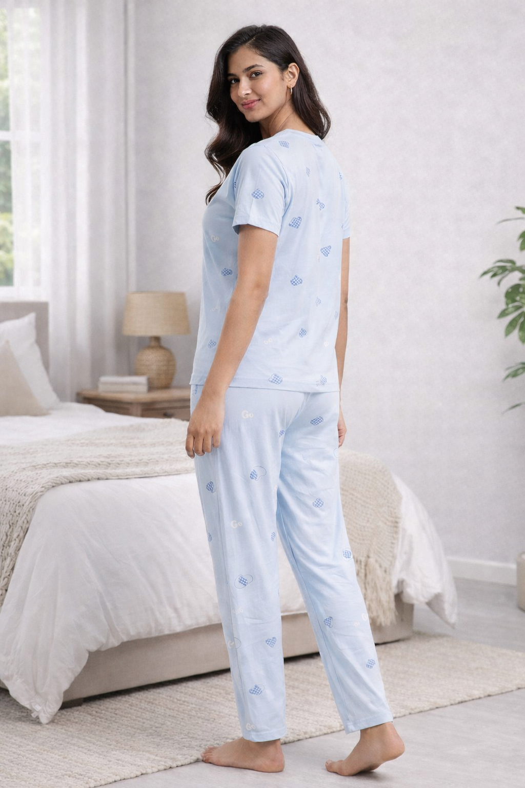 Women Viscose Pyjama Set Cute Prints Nightwear Soft Breathable Sleepwear Short Sleeve Top & Full Length Pajama Pants Lounge Set
