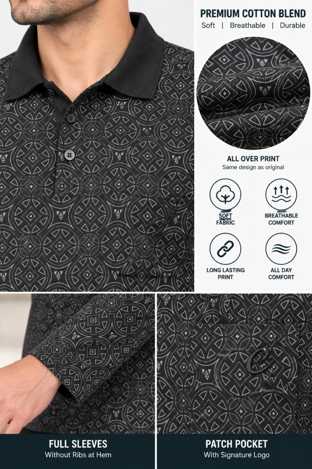 Men's Printed Full Sleeve T-Shirt For Men Polo Neck With Chest Pocket