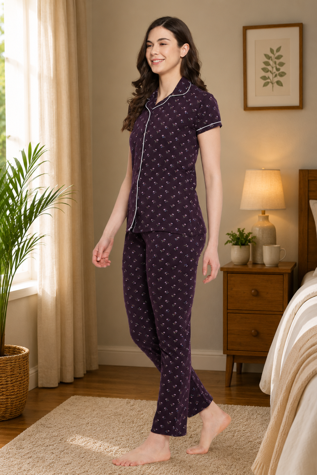 Brown Pretty Florals Button Me Up Shirt & Pyjama in Cotton