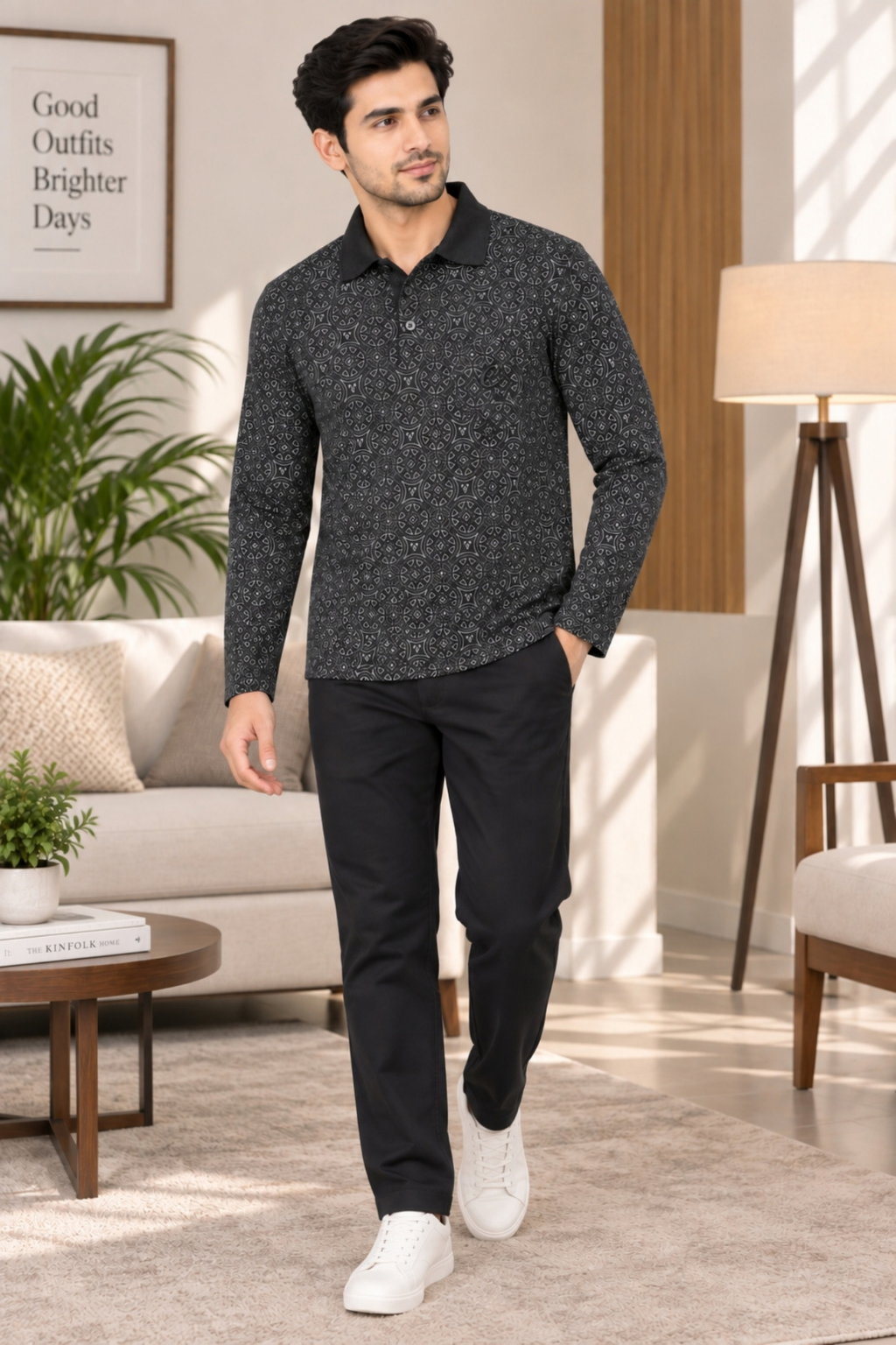 Men's Printed Full Sleeve T-Shirt For Men Polo Neck With Chest Pocket