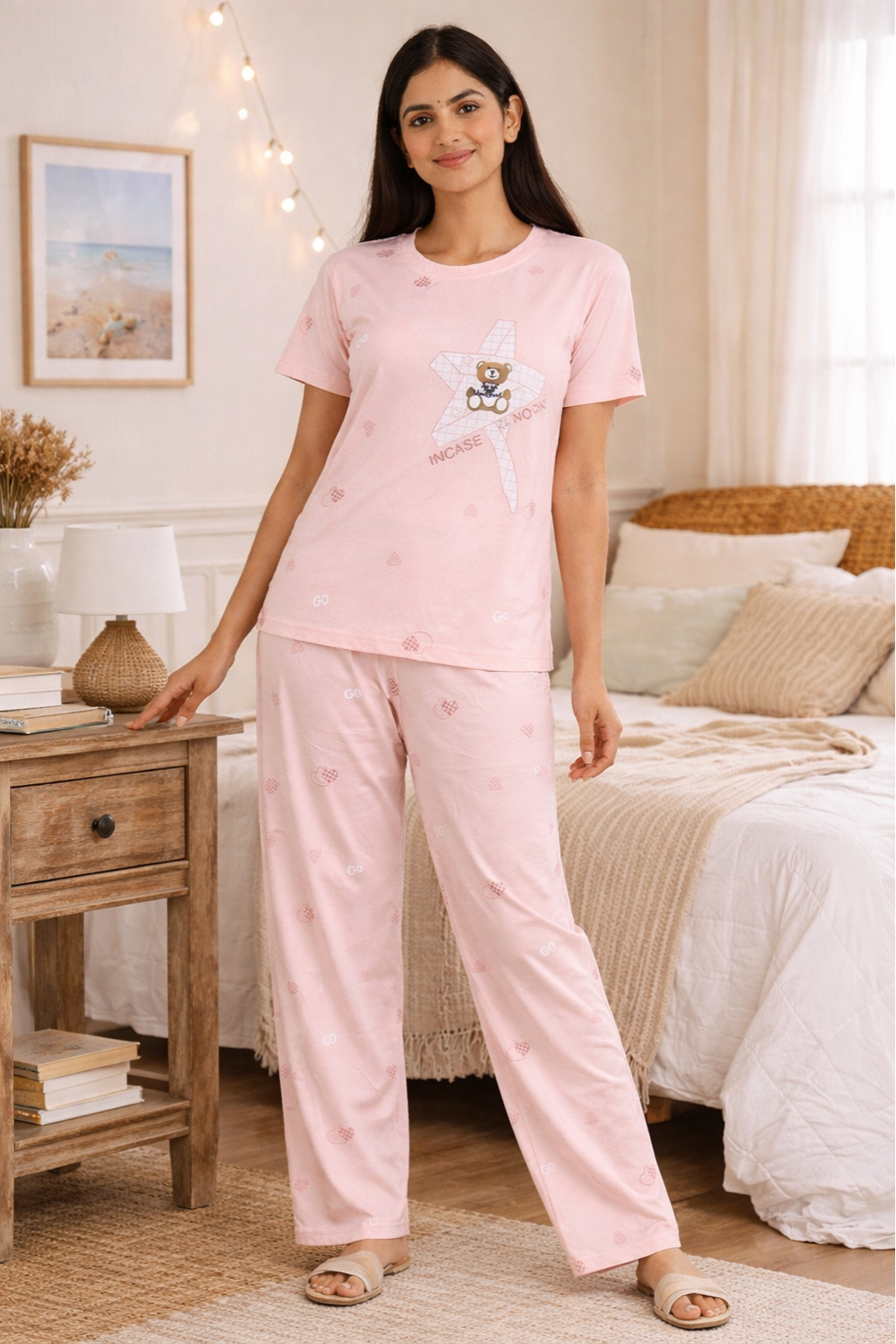 Women Viscose Pyjama Set Cute Prints Nightwear Soft Breathable Sleepwear Short Sleeve Top & Full Length Pajama Pants Lounge Set