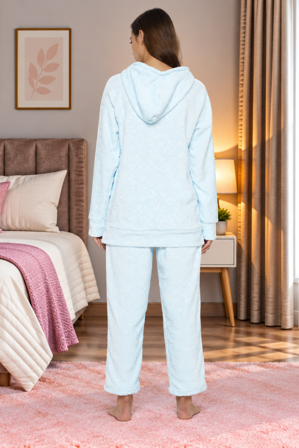 Women Embossed Full Sleeve Hooded Top and Pajama Pants with Pockets