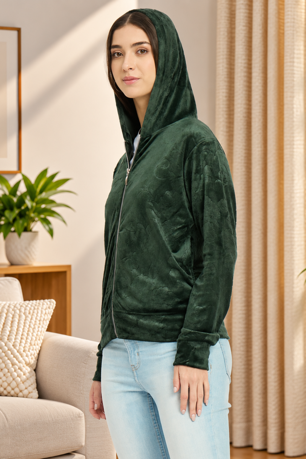 Women’s Floral Textured Zip-Up Hooded Sweatshirt