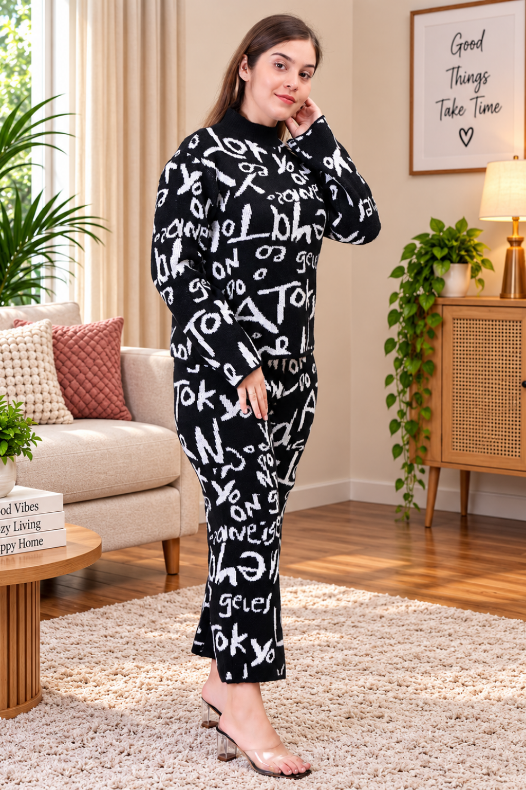 Women's Long Sleeve Round Neck woolen Black Co-Ord Set