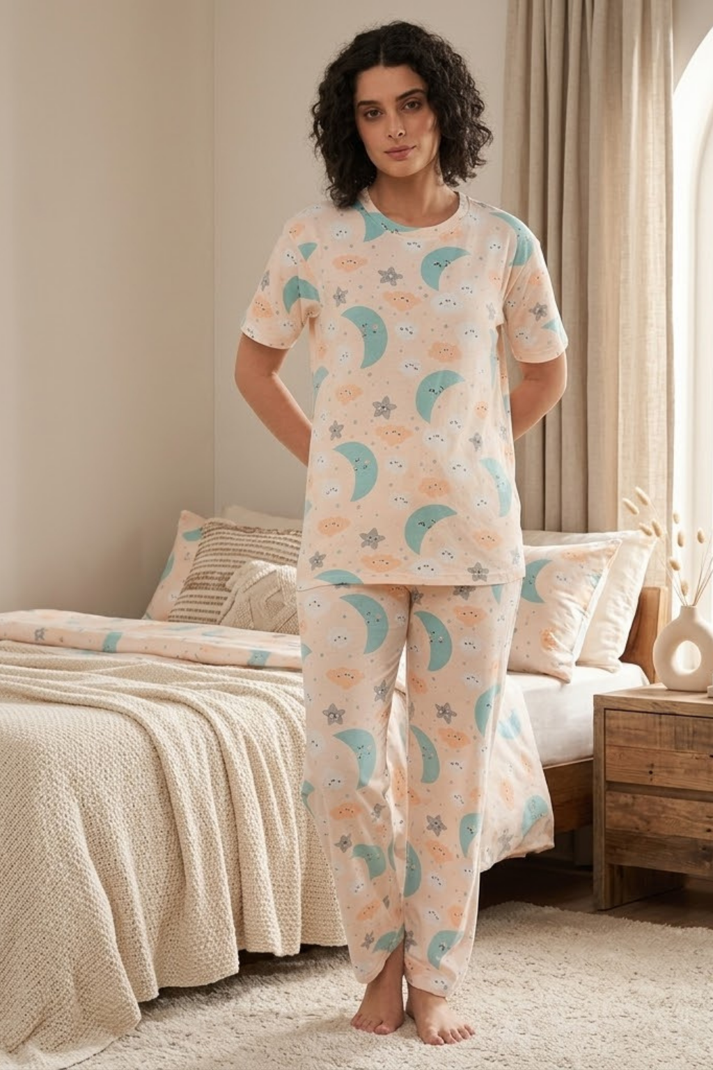 Chic Camey Ladies Night Suit – Soft & Breathable Night Suit | Women's Printed Pyjama Set, Peach
