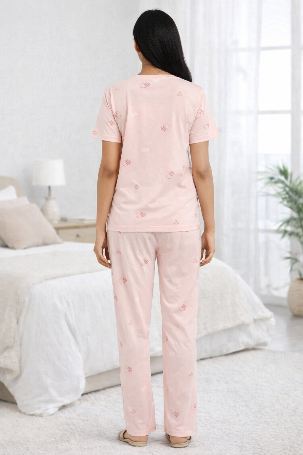 Women Viscose Pyjama Set Cute Prints Nightwear Soft Breathable Sleepwear Short Sleeve Top & Full Length Pajama Pants Lounge Set