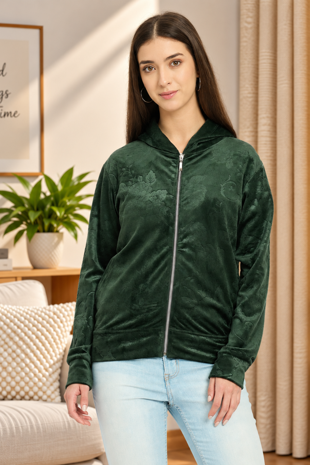 Women’s Floral Textured Zip-Up Hooded Sweatshirt