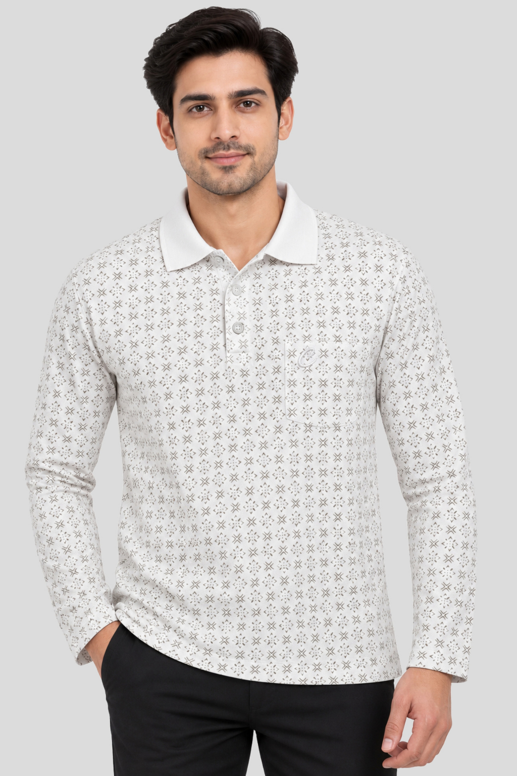 Men's Printed Full Sleeve T-Shirt For Men Polo Neck With Chest Pocket