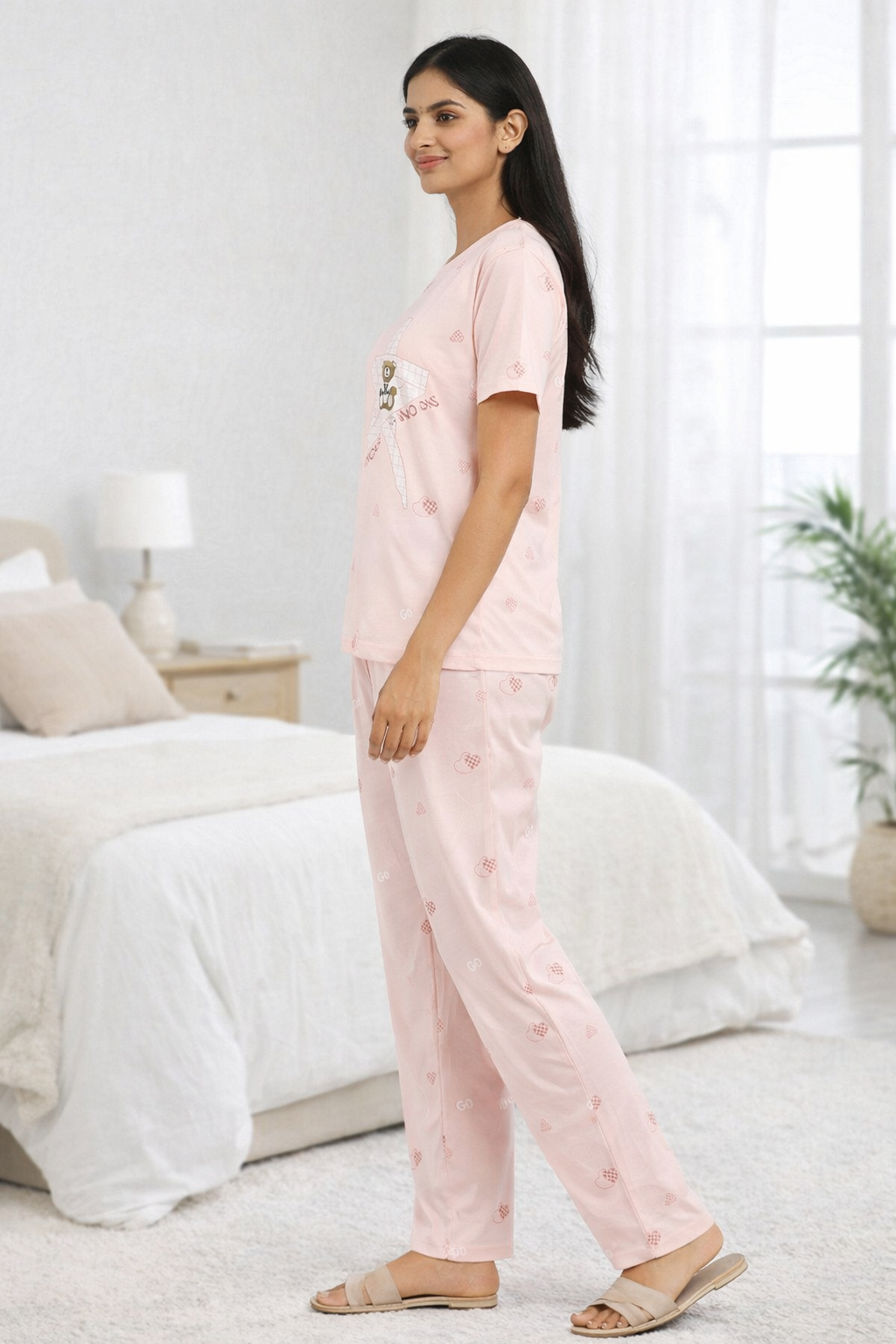 Women Viscose Pyjama Set Cute Prints Nightwear Soft Breathable Sleepwear Short Sleeve Top & Full Length Pajama Pants Lounge Set