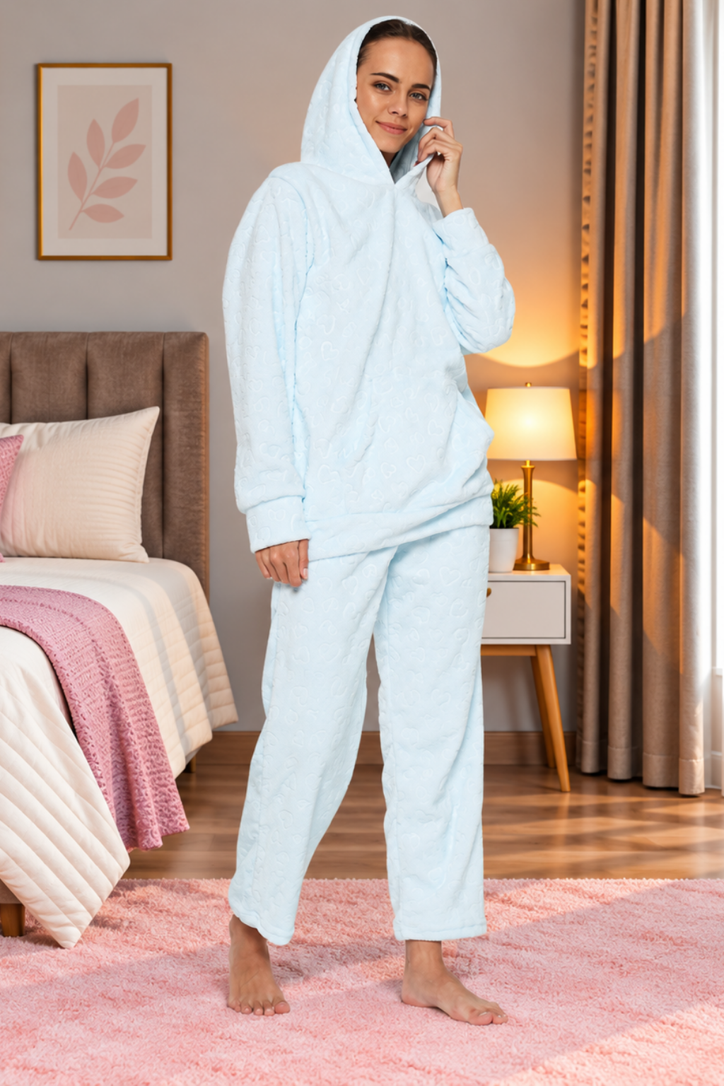 Women Embossed Full Sleeve Hooded Top and Pajama Pants with Pockets