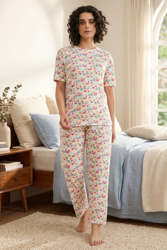 Camey Women Night Suit – Soft Cotton Printed Nightwear Set | Stylish Night Suit for Women & Pyjama Set, White