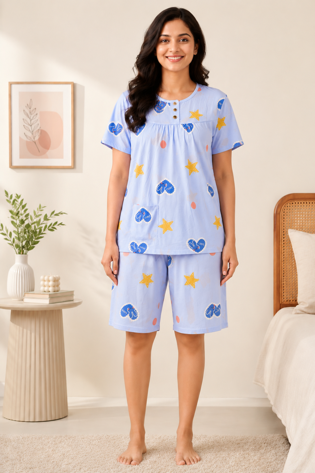 Camey Women’s Short Nightwear Set | Soft Printed Top & Knee-Length Shorts | Breathable Summer Sleepwear for Ladies
