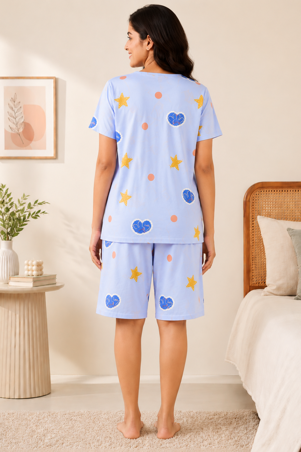 Camey Women’s Short Nightwear Set | Soft Printed Top & Knee-Length Shorts | Breathable Summer Sleepwear for Ladies
