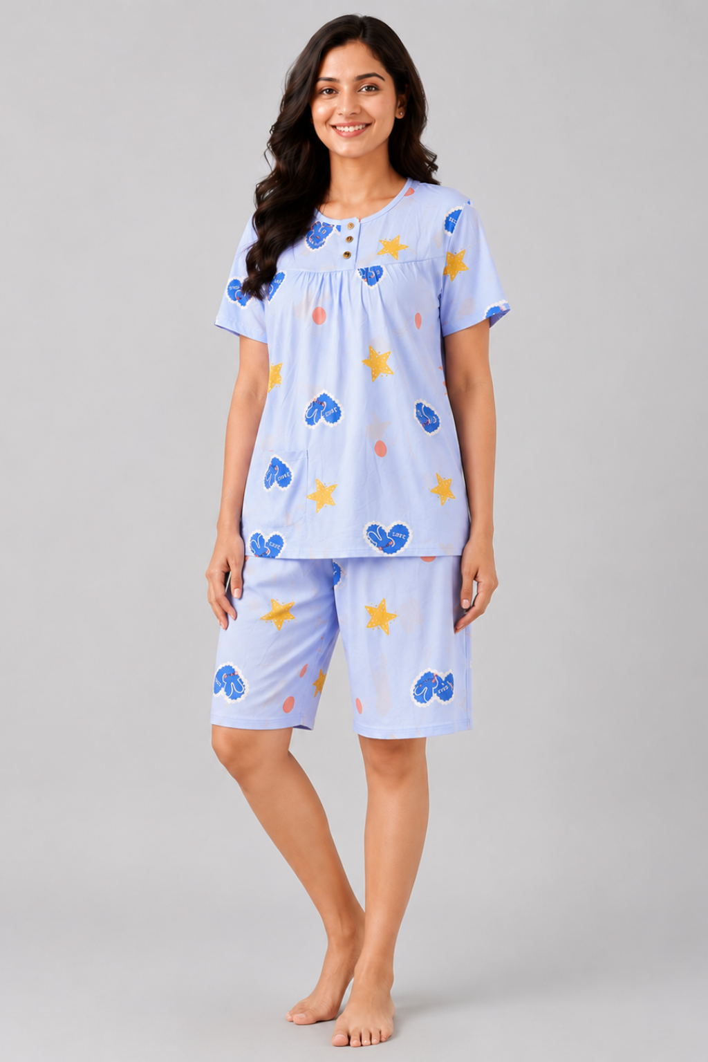 Camey Women’s Short Nightwear Set | Soft Printed Top & Knee-Length Shorts | Breathable Summer Sleepwear for Ladies