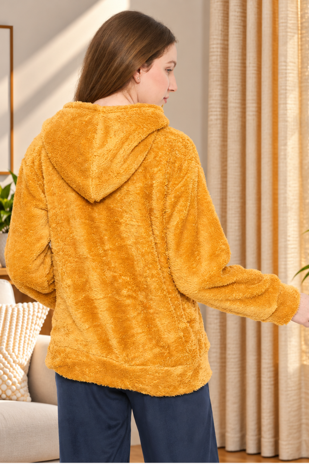 Women Solid Hooded Sherpa Fleece Sweatshirt