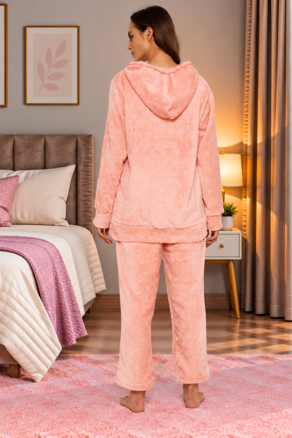Women Embossed Full Sleeve Hooded Top and Pajama Pants with Pockets