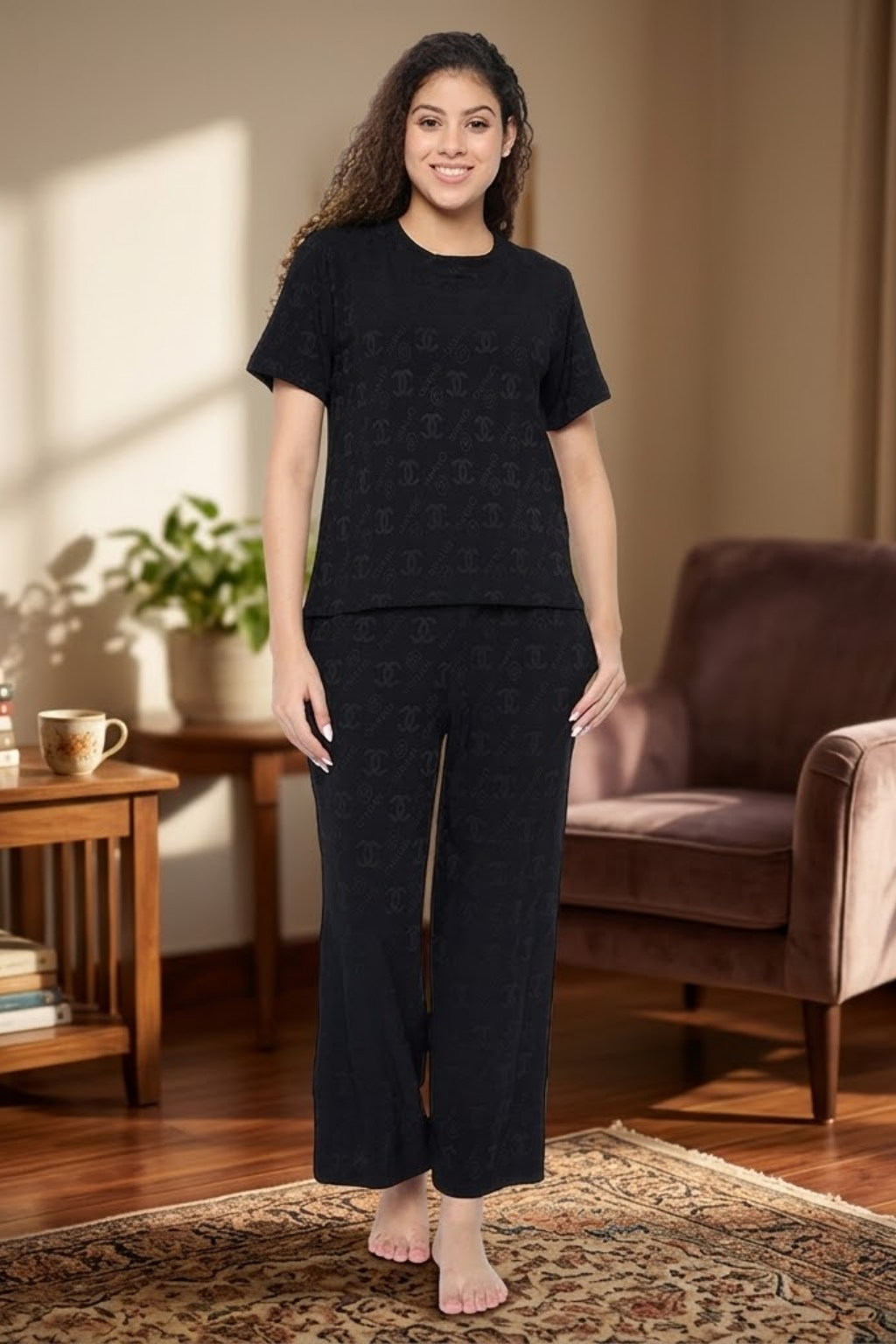 Top and Pyjama Set for Women Nightwear, Black