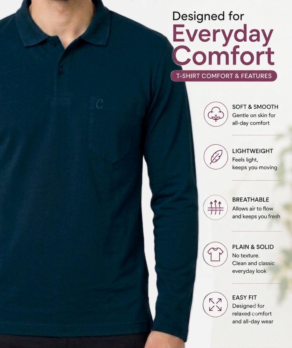 Camey Men's Solid Full Sleeve Polo T-Shirt For Men with Pocket