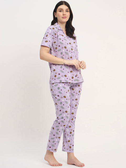Women's Printed Nightsuit Pajama Set, Short Sleeve Button-Down Top with Pants, Cotton Nightwear, Purple