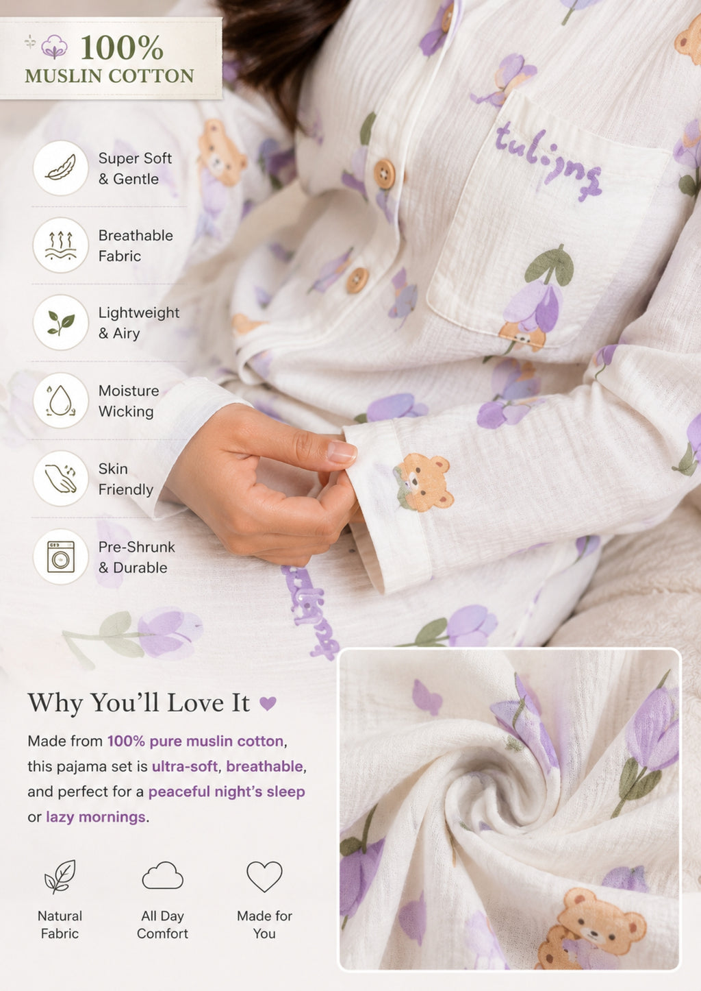Women Night Suit Cotton Muslin Pyjama Set | Soft Printed Full Sleeve Sleepwear