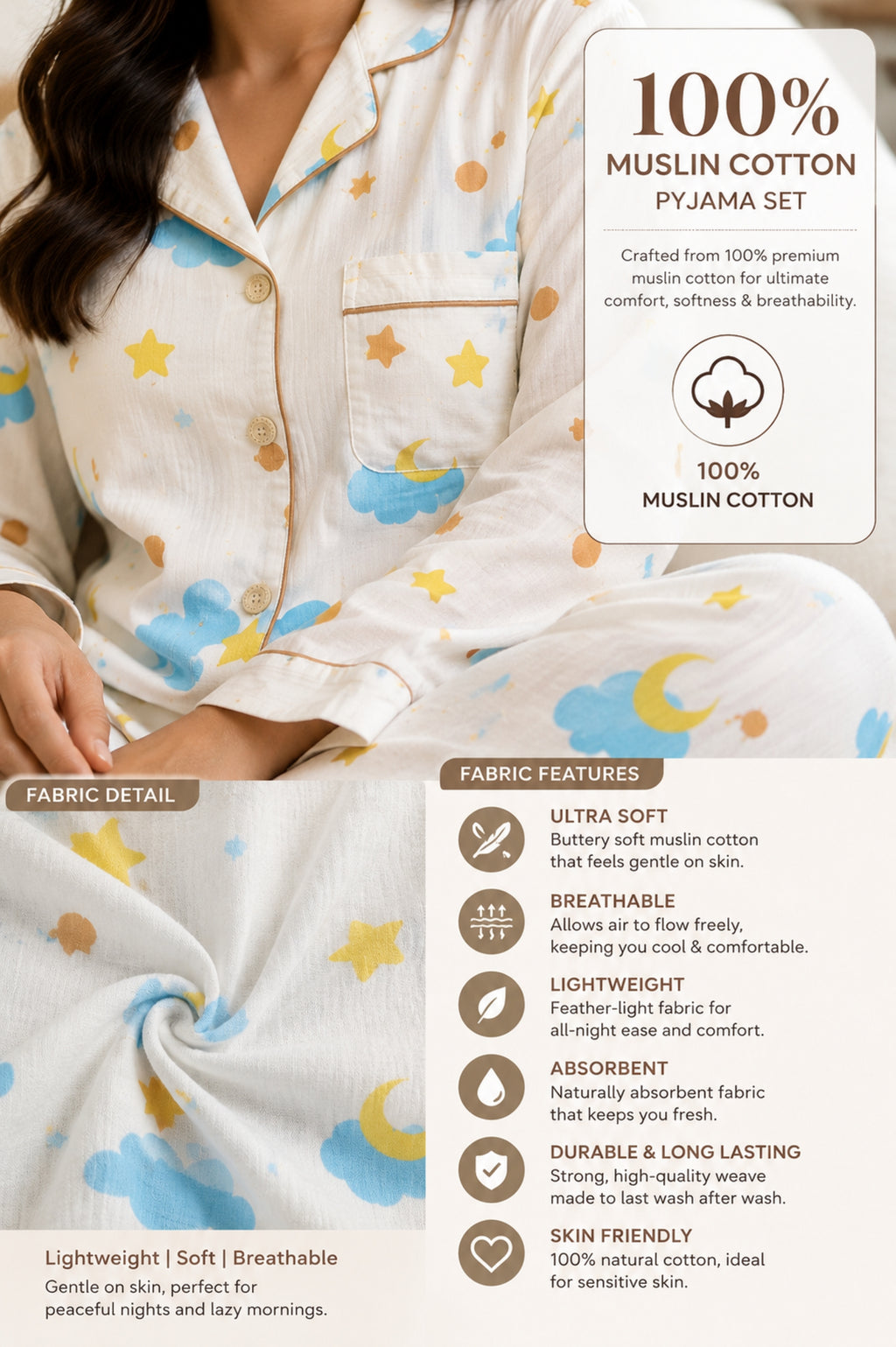 Women Night Suit Cotton Muslin Pyjama Set | Soft Printed Full Sleeve Sleepwear