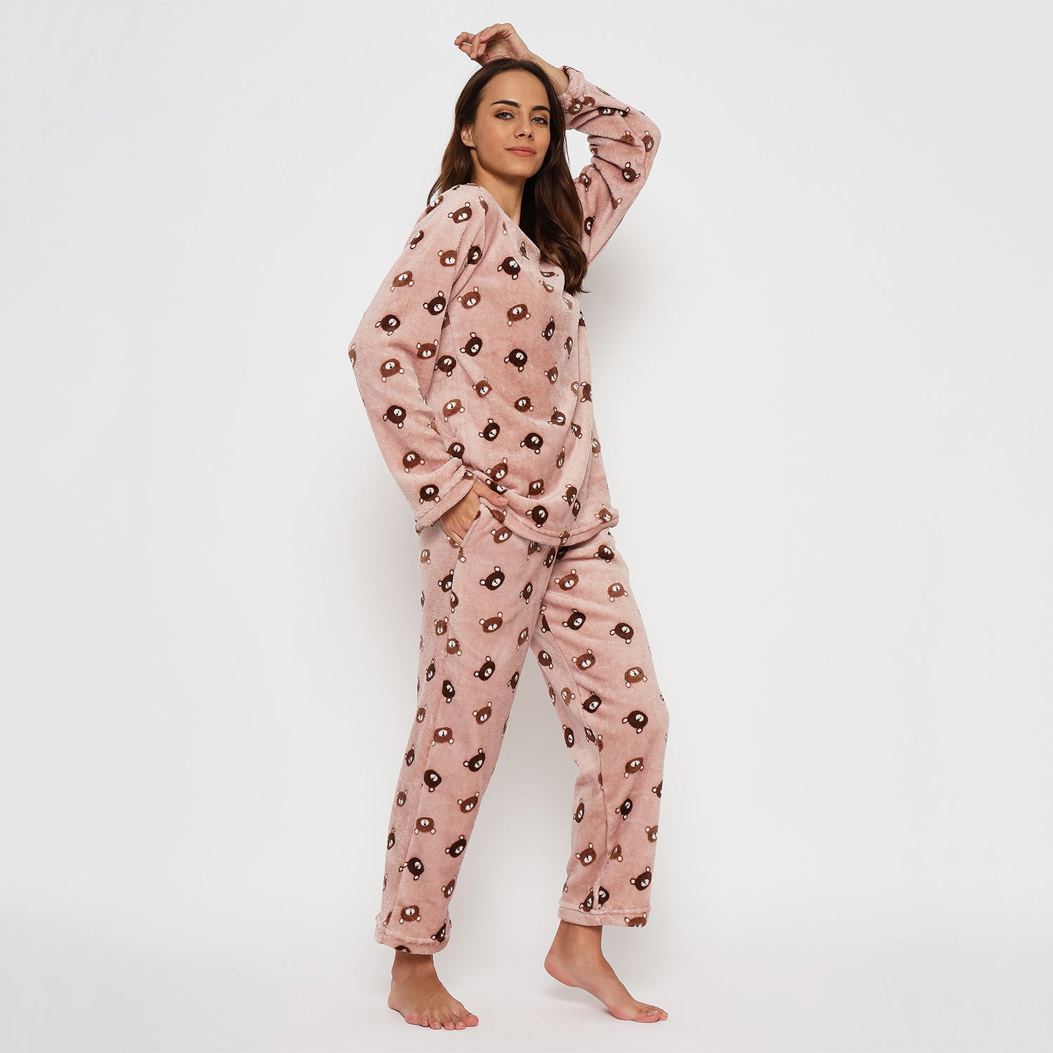 Women's Printed Full Sleeve Round Neck Top and Pajama Pants with Pockets