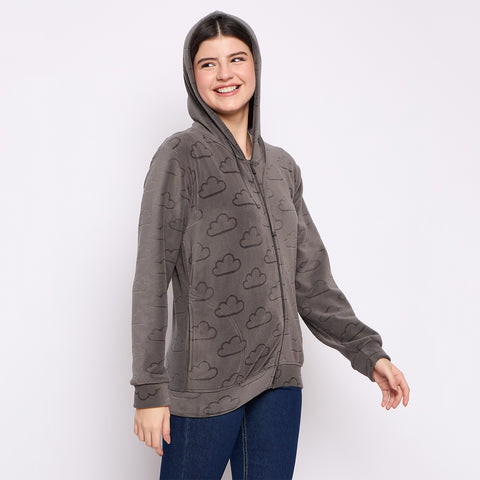 Women’s Embossed Fabric Auli Laser Cut Pattern Hoodie Sweatshirt – Full Sleeve, Zipper Front