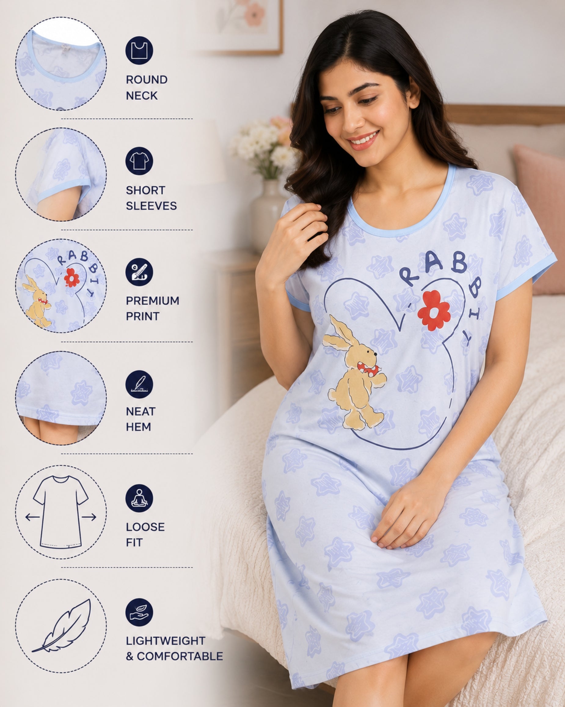 Women's Cute Cartoon Printed Knee Length Nighty | Soft Comfortable Loose Fit Short Sleeve Nighty for Women  &nbsp;