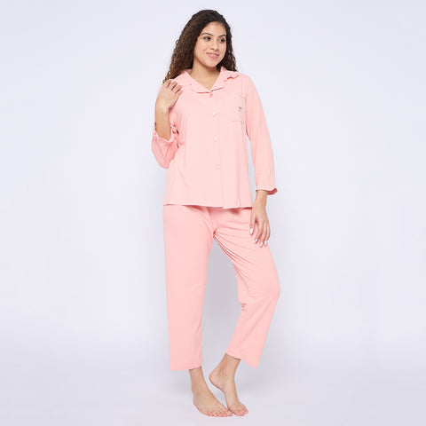 Women's Cotton Pajama Set, Long Sleeve Button-Down Shirt with Pants, Comfortable Sleepwear, Pink