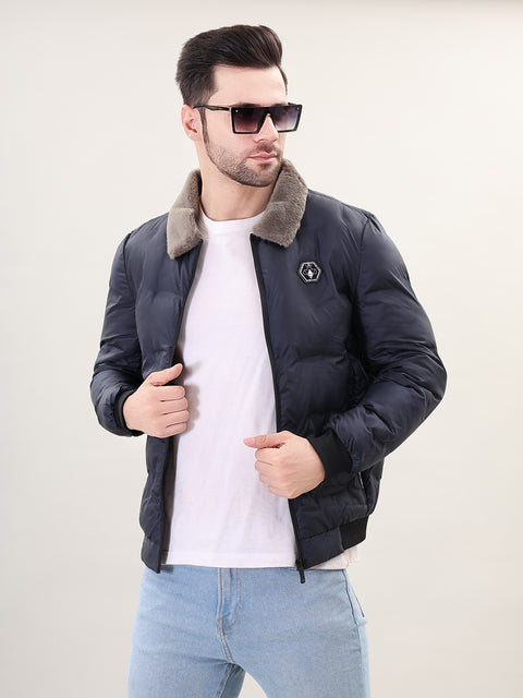 Navy Spread Collar Puffer Jacket for Mens